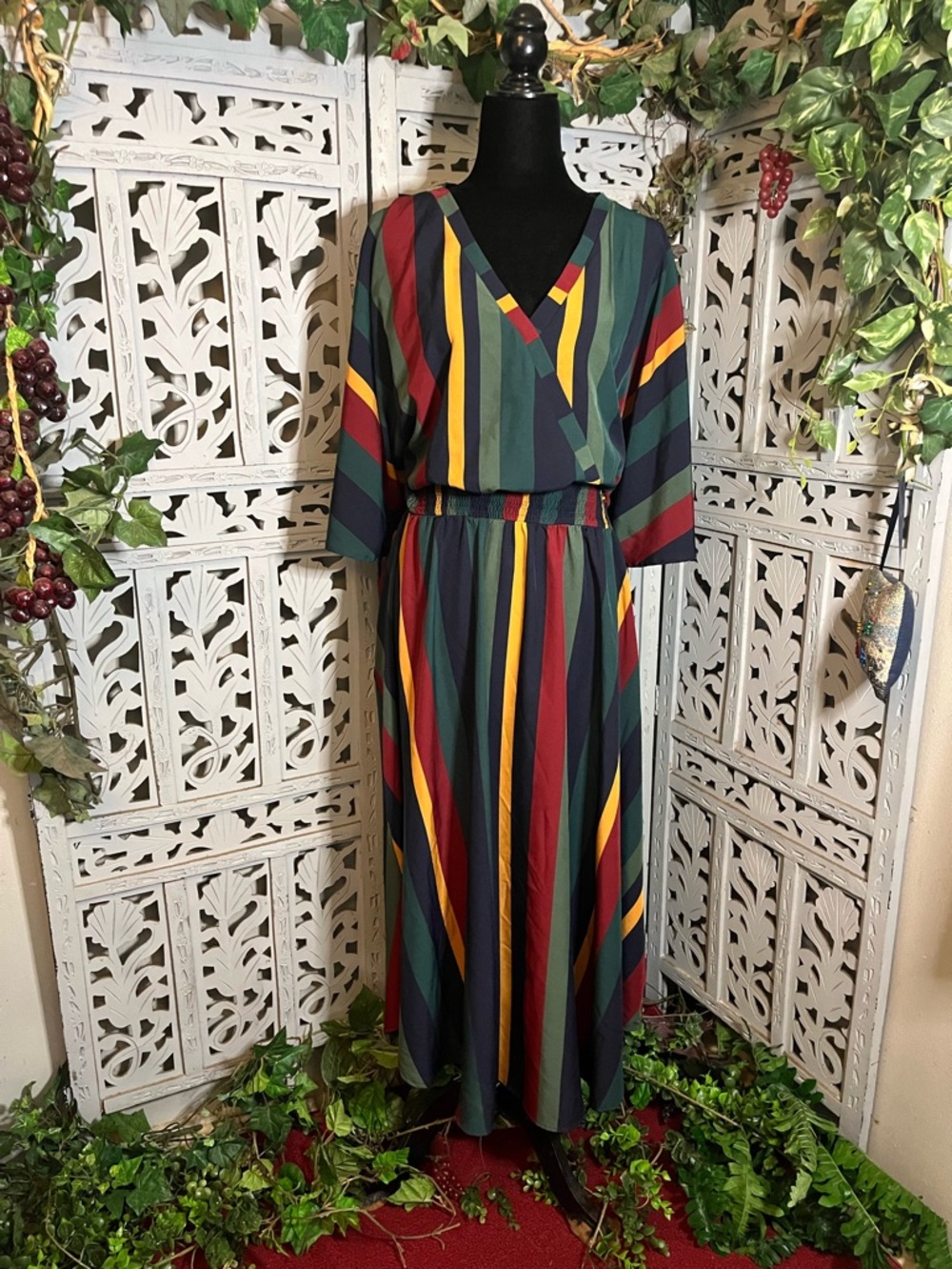 NEMIDOR CLASSY GREEN BLUE & MULTICOLOR STRIPES SHORT SLEEVE PLUS MAXI DRESS
